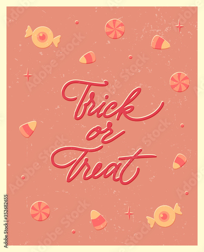 Halloween poster with lettering in vintage style. Trick or treat. Flat vector illustration.