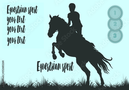 equestrian competition, show jumping, women riders on horseback, isolated images, silhouette on a blue background, for decoration and design, place for your text