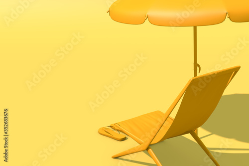 3D rendering of summer concept. Yellow chaise lounge and umbrella on yellow background, Sunlight, travel. No vacation this summer. Border closure, travel restrictions. Copy space.