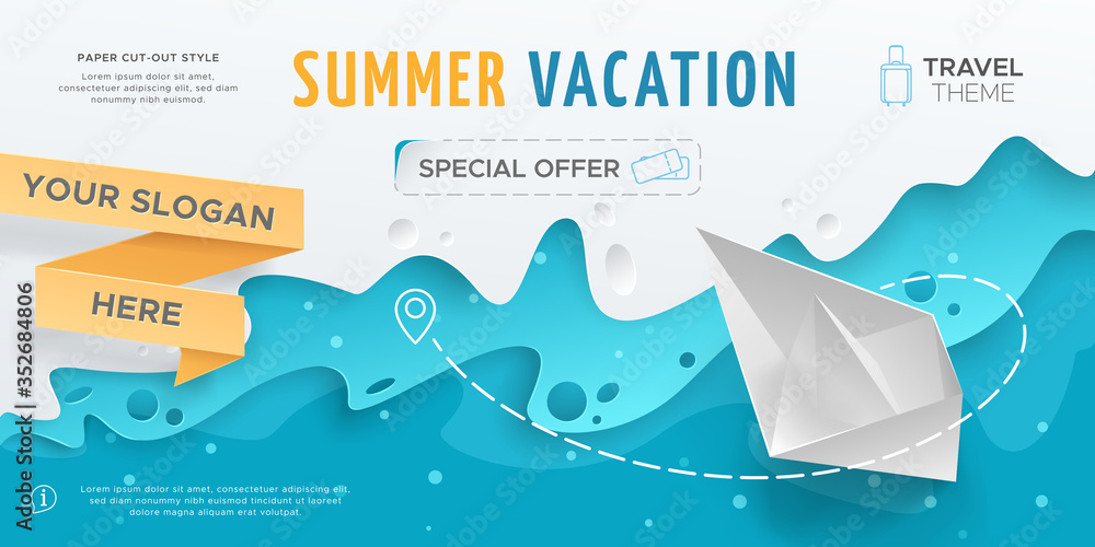 Horizontal travel banner with scene with paper waves and 3D realistic origami boat. Vector layout in paper cut style with toy ship for design of flyers and leaflets. Carving art with blue background. - obrazy, fototapety, plakaty 