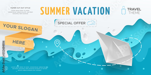 Horizontal travel banner with scene with paper waves and 3D realistic origami boat. Vector layout in paper cut style with toy ship for design of flyers and leaflets. Carving art with blue background.