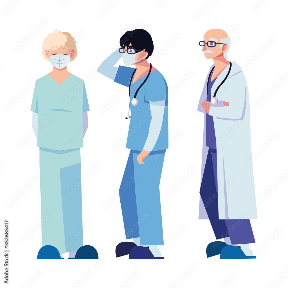 female and male doctors with uniforms and masks vector design female and male doctors with uniforms and masks vector design