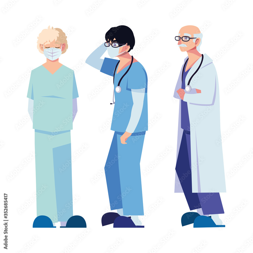 female and male doctors with uniforms and masks vector design