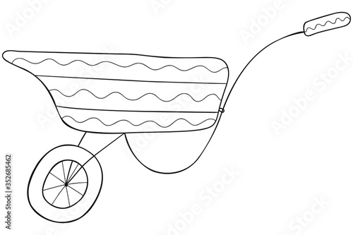 Hand-drawn black and white scandinavian-style garden unicycle cart. Insulated construction truck. Coloring book and page, horticultural design element, logo, emblem, icon. Vector.