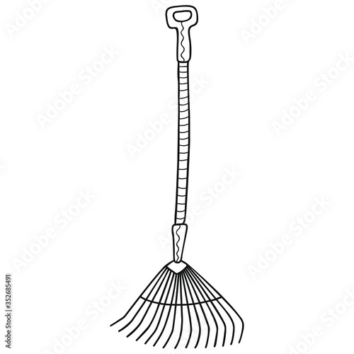 Black and white garden and kailyard rakes with handle. Stylized hand drawing. Isolated monochrome Doodle. The tool of the gardener. Vector. photo