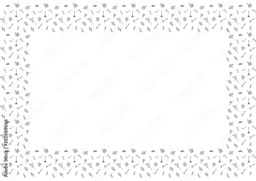 Fototapeta premium A4 rectangular isolated horizontal frame of hand-drawn black outline horticultural doodles on a white background. Blank for gardening, agriculture, plant growing, eco-culture. Place for text. Vector.