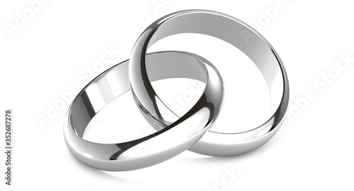 3D rendering illustration of Two white gold or silver wedding rings connected like chain links on an isolated white background symbolizing marriage