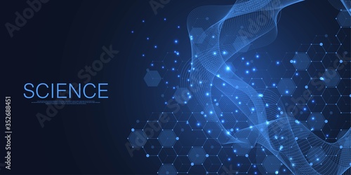 Molecular structure background. Science template wallpaper or banner with a DNA molecules. Asbtract molecule background with hexagons, wave flow. Vector illustration.