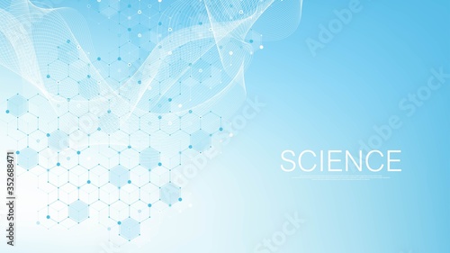 Scientific molecule background for medicine, science, technology, chemistry. Science template wallpaper or banner with a DNA molecules. Dynamic wave flow DNA. Molecular vector illustration.
