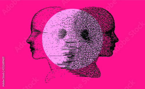 Two people, personality and its Doppelganger or twin. Concept of psychological issues and mental health, relationship.