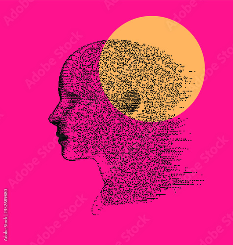 Artificial intelligence and Machine Learning concept. Human head with glitched pixels, distorted profile of a woman made of square particles.