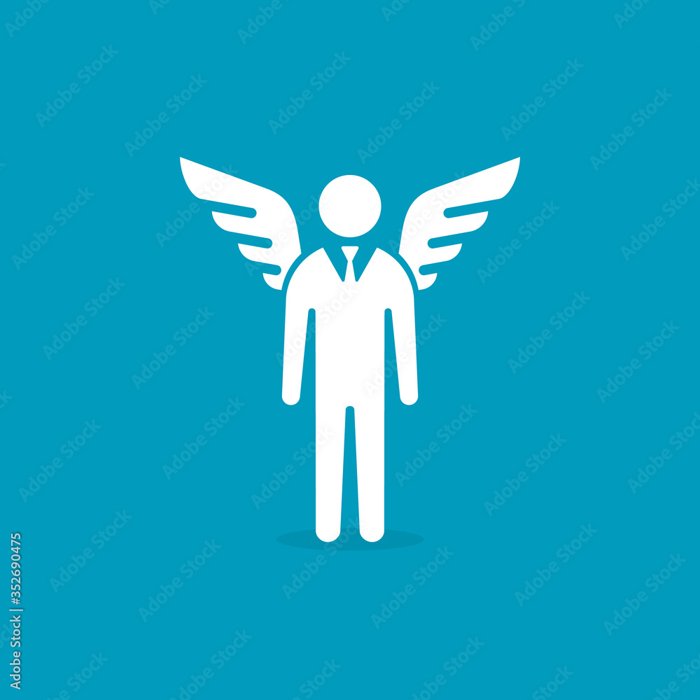 Obraz premium Angel investor icon. Businessman with wings. Business angel. Investment. Vector isolated illustration on blue background