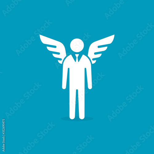 Angel investor icon. Businessman with wings. Business angel. Investment. Vector isolated illustration on blue background