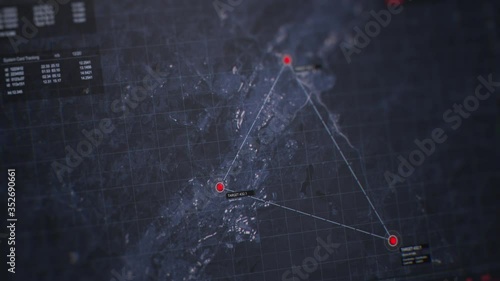 GPS location scanning interface. SIM card tracking and following by spy security program. Special data in the corner. Three target dynamic indicators. Satellite map view. 3D render concept animation