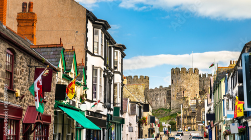 Houses and castle in Conwy, Wales photo