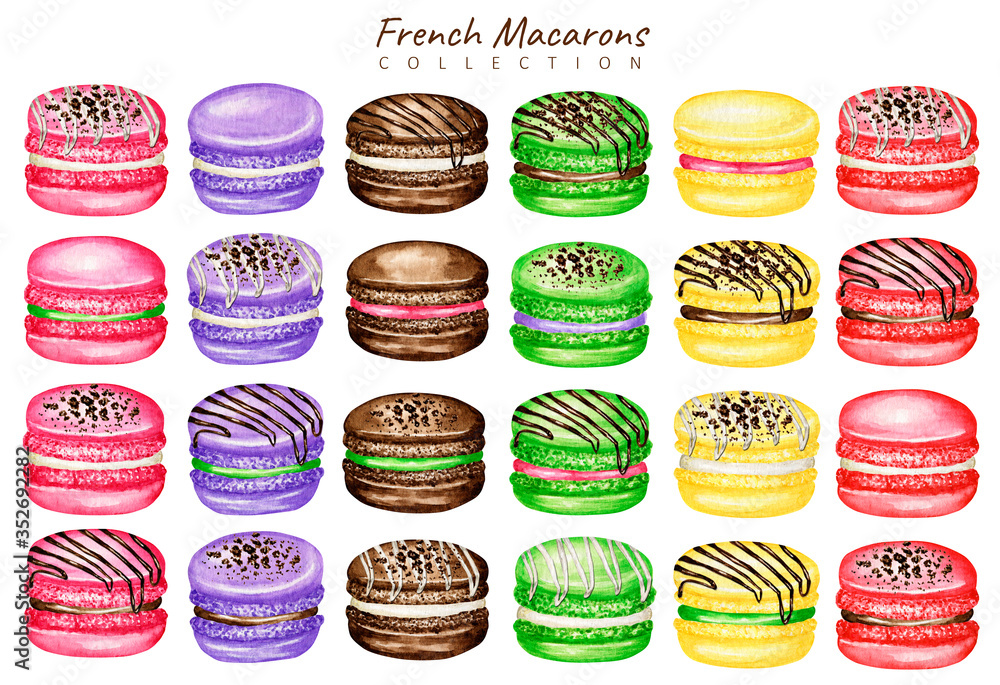 Obraz premium Hand drawn watercolor french macaron cakes set. Macaroon biscuits Mix Fruit Red Pink Green fruit Pastry dessert Isolated on white background, sweet decorated with Chocolate, vanilla creame