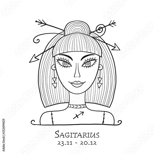 Illustration of Sagittarius zodiac sign. Element of Fire. Beautiful Girl Portrait. One of 12 Women in Collection For Your Design of Astrology Calendar, Horoscope, Print. Coloring Page