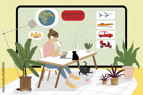 New normal lifestyle concept.After the Coronavirus causing life change,Woman working at home for online business like an exchange rate,selling tour, travel, tourism and Express deliver 24h 7 days