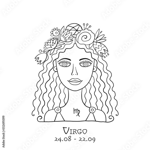 Illustration of Virgo zodiac sign. Element of Earth. Beautiful Girl Portrait. One of 12 Women in Collection For Your Design of Astrology Calendar, Horoscope, Print. Coloring page