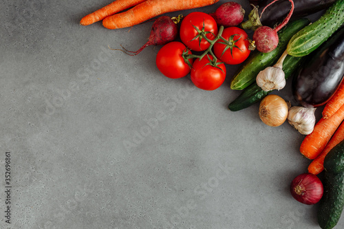 Variety of food vegetables products on grey background