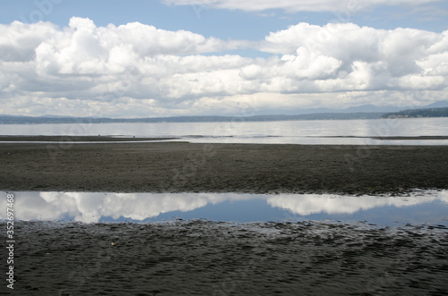 Cumulus clouds reflect at low tide pools