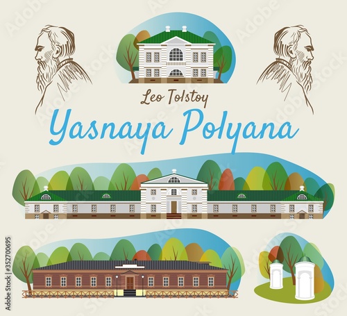 A collection of houses in Yasnaya Polyana in the city of Tula in the Russian Federation, a local attraction. Portrait of Leo Tolstoy.