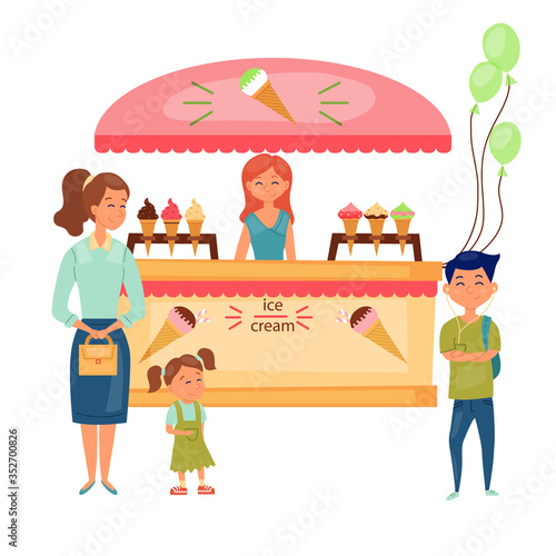 Concept Of Street Food. Young Girl Student Sale Ice Cream In Mobile Cafe Cart With Many Types Of Ice Cream. Mother With Children Buy Dessert In The Park Or Square. Cartoon Flat Vector Illustration