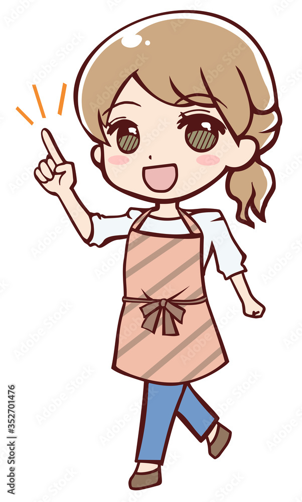 Obraz premium 指さしするアニメ調のエプロン姿の女性