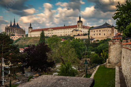 Dawn with dramatic sky. Panorama city of kutna Hora. The Cathedral of St Barbara and Jesuit College in Kutna Hora, Czech Republic, Europe. UNESCO World Heritage Site