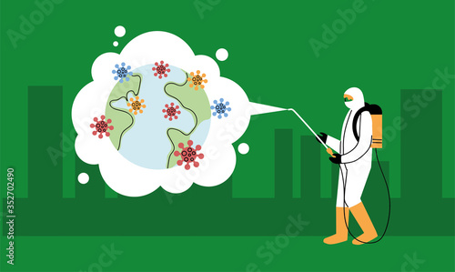 man in suit disinfecting cities of the world by covid 19