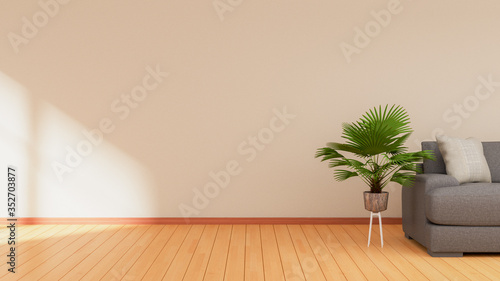 Modern living room interior with sofa and green plants,lamp,table on green wall background. 3d rendering
 photo