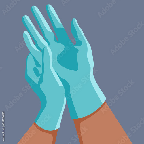 Putting surgical gloves on grey backdrop. Surgeon latex gloves for social banner, web element, health care promo, medical poster. Chemist shop logo or info card. Flat style stock vector illustration