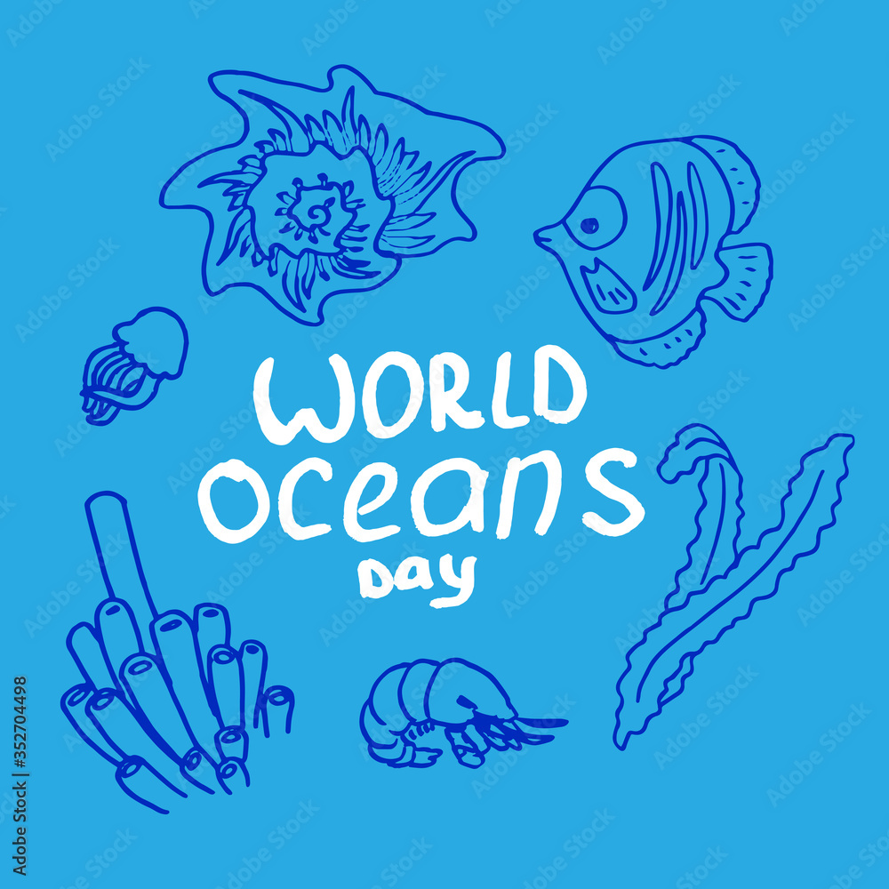 World ocean day text with shrimp and fish on blue backdrop. Clam and jellyfish for invitation or gift card, social banner, flyer. Zero waste poster print art. Doodle style stock vector illustration