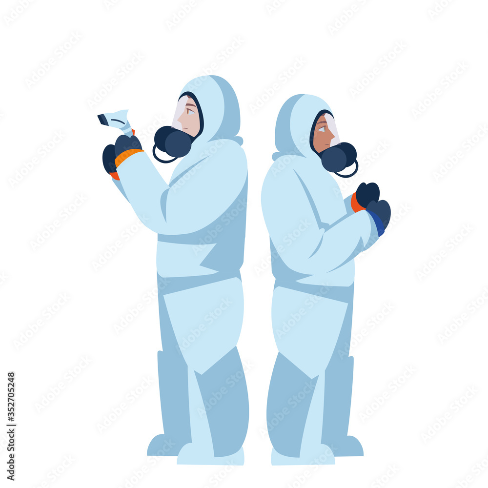 Doctors with protective suits and thermometer gun vector design