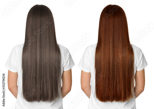 Woman before and after hair coloring on white background