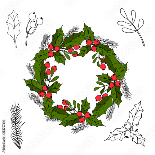Hand drawn wreath with red berries and fir branches. Round frame for Christmas cards and winter design. Vector layout.