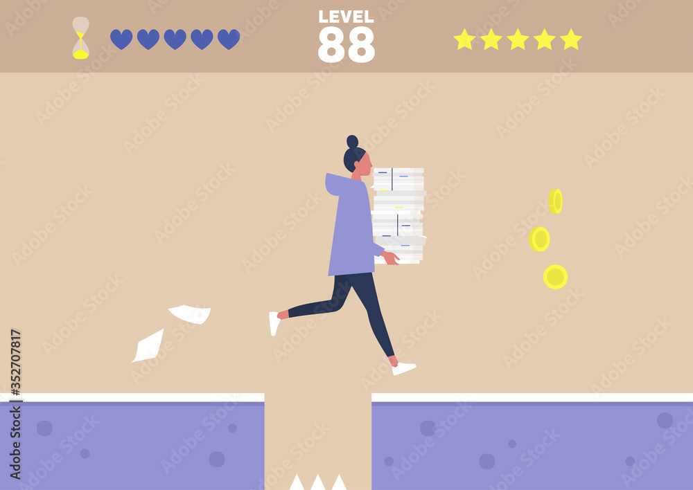 Office arcade video game, conceptual illustration, young female