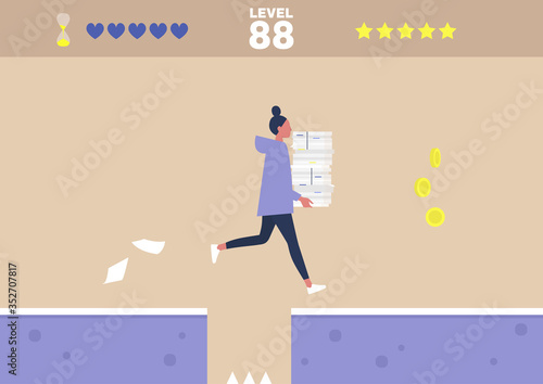 Office arcade video game, conceptual illustration, young female character running with a stack of paper