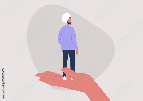 Mental health counseling, psychological issues, a young indian male character standing on a hand palm, care and treatment