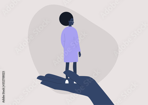 Mental health counseling, psychological issues, a young black female character standing on a hand palm, care and treatment