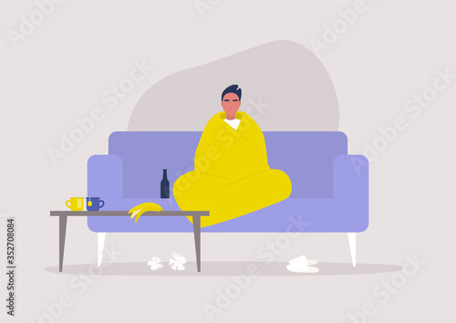Young male character sitting wrapped in a blanket, depression and anxiety, self isolation, stay at home order