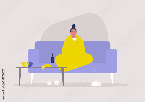 Young female character sitting wrapped in a blanket, depression and anxiety, self isolation, stay at home order