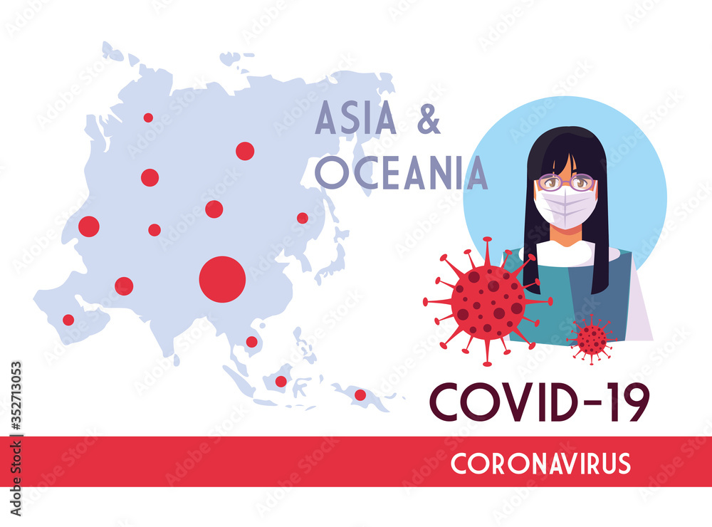 Woman and asia oceania map with covid 19 virus vector design