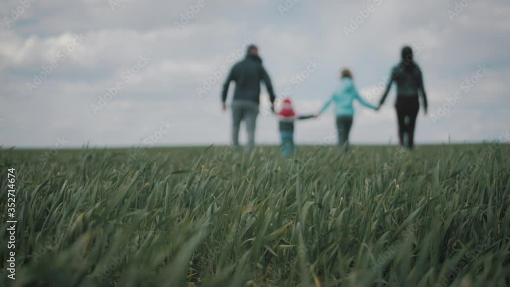 Happy family walking in green field on sunny day. Concept of friendly family. Happy family walking in green field on sunny day. Concept of friendly family.