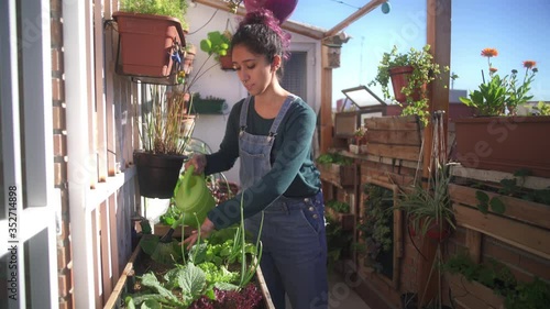 Young girl watering vegetables on terrace