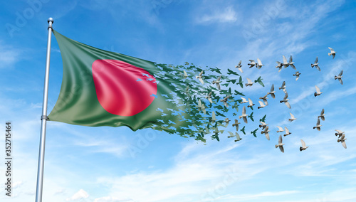 Bangladesh flag on a pole turn to birds while waving against a blue sky background - 3D illustration.