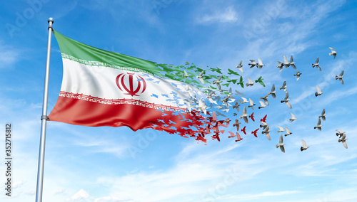 Iran flag on a pole turn to birds while waving against a blue sky background - 3D illustration.