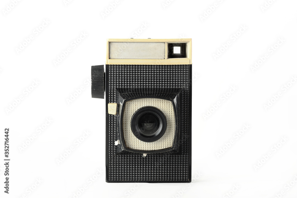 The old vintage medium format film camera on white background. Rare vintage camera.