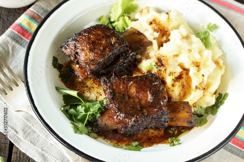 braised short ribs with mashed potatoes. Instant Pot meat . copy space