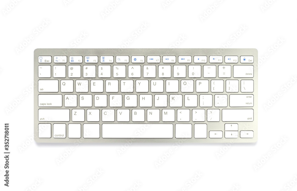 Modern computer keyboard isolated on white background with clipping path. material made from aluminum and plastic. It is an electronic device used for business and internet communication.